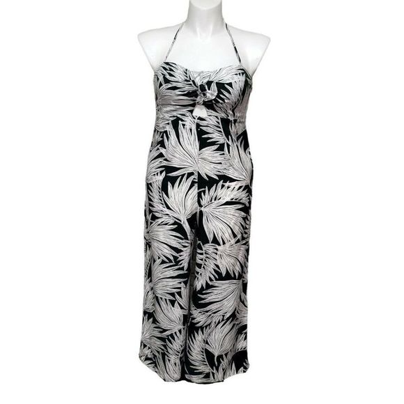 1.STATE Womens 8 Green Tropical Foliage Halter Smocked Back Jumpsuit Wide Leg‎ - Picture 1 of 9